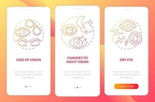 Side effects of surgery onboarding mobile app page screen. Eye surgery results walkthrough 3 steps graphic instructions with concepts. UI, UX, GUI vector template with linear color illustrations