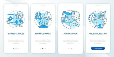 Limited energy sources disadvantages onboarding mobile app page screen. Power walkthrough 4 steps graphic instructions with linear concepts. UI, UX, GUI template. Myriad Pro-Bold, Regular fonts used vector