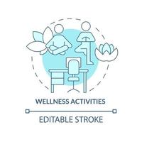 Wellbeing activities concept icon. Meditation and de-stress. Yoga exercises abstract idea thin line illustration. Isolated outline drawing. Editable stroke. Roboto-Medium, Myriad Pro-Bold fonts used vector