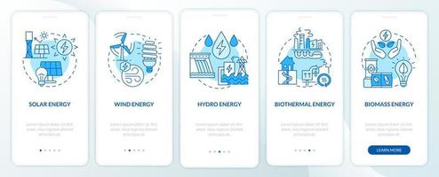 Renewable energy sources types onboarding mobile app page screen. Power walkthrough 5 steps graphic instructions with linear concepts. UI, UX, GUI template. Myriad Pro-Bold, Regular fonts used vector