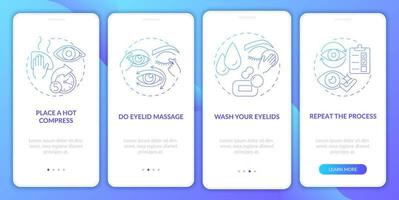 Cleansing eyes onboarding mobile app page screen. Preparation for process walkthrough 4 steps graphic instructions with concepts. UI, UX, GUI vector template with linear color illustrations