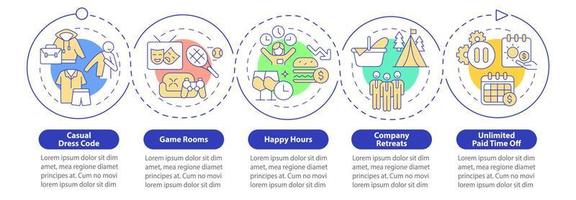 plantilla infográfica de bonificaciones de oficina no salariales. código de vestimenta cómoda. visualización de datos con 5 pasos. gráfico de información de la línea de tiempo del proceso. diseño de flujo de trabajo con iconos de línea. innumerables fuentes pro-negrita y regulares utilizadas vector