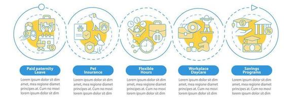 bonos para trabajadores con plantilla infográfica familiar. seguro de mascotas visualización de datos con 5 pasos. gráfico de información de la línea de tiempo del proceso. diseño de flujo de trabajo con iconos de línea. innumerables fuentes pro-negrita y regulares utilizadas vector