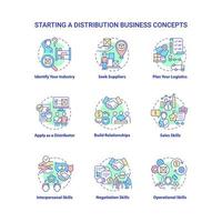 Starting distribution business concept icons set. Entrepreneurship startup development. Wholesale trading company idea thin line color illustrations. Vector isolated outline drawings