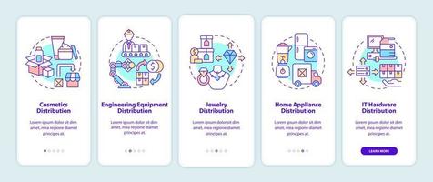 Choosing goods for distribution tips onboarding mobile app page screen. Wholesale walkthrough 5 steps graphic instructions with concepts. UI, UX, GUI vector template with linear color illustrations