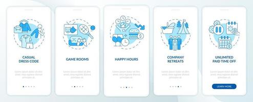 Workplace perks onboarding mobile app page screen. Unlimited paid time off walkthrough 5 steps graphic instructions with linear concepts. UI, UX, GUI template. Myriad Pro-Bold, Regular fonts used vector