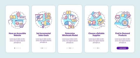 Distribution business tips onboarding mobile app page screen. Wholesale trade walkthrough 5 steps graphic instructions with concepts. UI, UX, GUI vector template with linear color illustrations