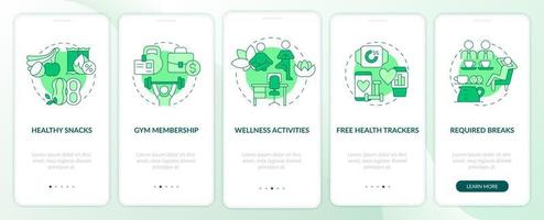 Health and wellbeing perks onboarding mobile app page screen. Required breaks walkthrough 5 steps graphic instructions with linear concepts. UI, UX, GUI template. Myriad Pro-Bold, Regular fonts used vector