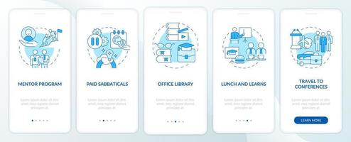 ventajas de educación de los empleados al incorporar la pantalla de la página de la aplicación móvil. almuerzo y aprendizaje tutorial 5 pasos instrucciones gráficas con conceptos lineales. interfaz de usuario, ux, plantilla de interfaz gráfica de usuario. innumerables fuentes pro-negrita y regulares utilizadas vector