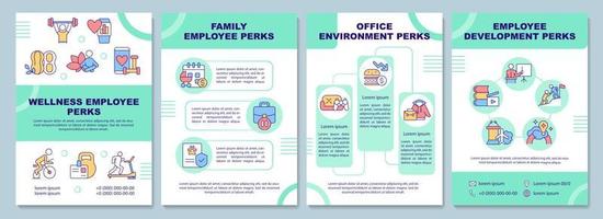 Employee perks brochure template. Staff wellness. Booklet print design with linear icons. Vector layouts for presentation, annual reports, advertisement. Arial-Black, Myriad Pro-Regular fonts used