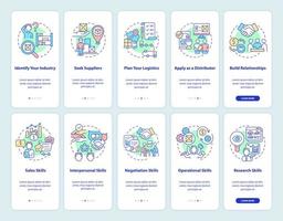 Starting distribution business onboarding mobile app page screen set. Strategy walkthrough 5 steps graphic instructions with concepts. UI, UX, GUI vector template with linear color illustrations