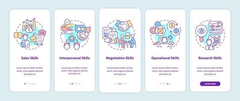 Skills for distributor onboarding mobile app page screen. Start business walkthrough 5 steps graphic instructions with concepts. UI, UX, GUI vector template with linear color illustrations