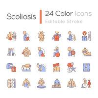 Scoliosis RGB color icons set. Scoliosis stages and types. Physical disabilities. Spinal bones curvature. Isolated vector illustrations. Simple filled line drawings collection. Editable stroke