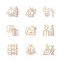 Scoliosis causes gradient linear vector icons set. Spine disorder. Spinal column surgical correction. Vertebral medicine. Thin line contour symbols bundle. Isolated outline illustrations collection