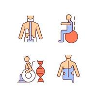 Scoliosis prevention methods RGB color icons set. Spinal curve corrective orthosis. Gymnastics for spine health. Isolated vector illustrations. Simple filled line drawings collection. Editable stroke