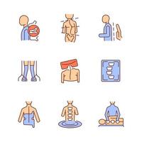 Scoliosis diagnosis and treatment RGB color icons set. Spinal problems. Medical examination. Backbone correction. Isolated vector illustrations. Simple filled line drawings collection. Editable stroke