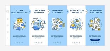 Employee perks onboarding vector template. Benefits for workers. Responsive mobile website with icons. Web page walkthrough 5 step screens. Job hunting color concept with linear illustrations