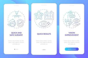 Pros of laser eye surgery onboarding mobile app page screen. Vision operation walkthrough 3 steps graphic instructions with concepts. UI, UX, GUI vector template with linear color illustrations