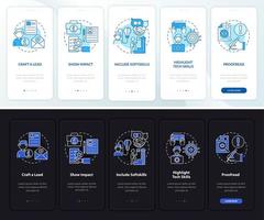 escribir currículum incorporando la pantalla de la página de la aplicación móvil. tutorial 5 pasos instrucciones gráficas con conceptos. curriculum vitae. ui, ux, plantilla vectorial gui con ilustraciones lineales en modo día y noche vector