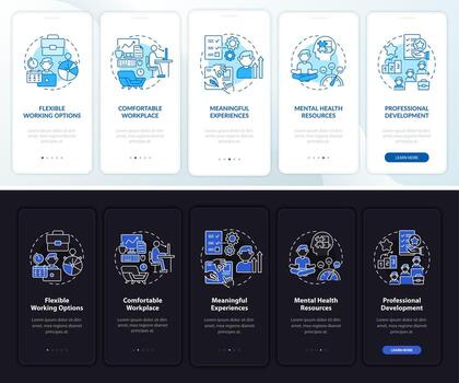 Employee benefits dark, light onboarding mobile app page screen. Walkthrough 5 steps graphic instructions with concepts. UI, UX, GUI vector template with linear night and day mode illustrations