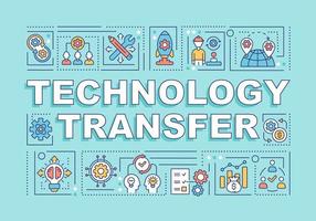 Technology transfer word concepts banner. Data dissemination process. Infographics with linear icons on turquoise background. Isolated creative typography. Vector outline color illustration with text