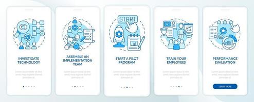 pasos de integración de tecnología que incorporan la pantalla de la página de la aplicación móvil. Tutorial del proceso de innovación 5 pasos instrucciones gráficas con conceptos. ui, ux, plantilla vectorial gui con ilustraciones en color lineal vector