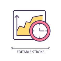 Brand planning RGB color icon. Tracking graph growth over time period. Monitoring increasing charts. Improving statistics. Isolated vector illustration. Simple filled line drawing. Editable stroke