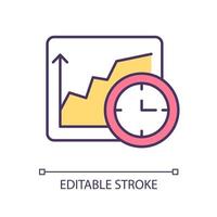 icono de color rgb de planificación de marca. seguimiento del crecimiento del gráfico a lo largo del período de tiempo. seguimiento de gráficos crecientes. mejorando las estadísticas. ilustración vectorial aislada. dibujo de línea rellena simple. trazo editable vector