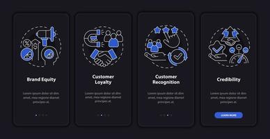Branding benefits dark onboarding mobile app page screen. Planning business walkthrough 4 steps graphic instructions with concepts. UI, UX, GUI vector template with night mode illustrations