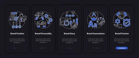 Key brand elements dark onboarding mobile app page screen. Business value walkthrough 5 steps graphic instructions with concepts. UI, UX, GUI vector template with night mode illustrations