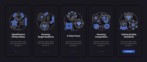Signs of a good brand dark onboarding mobile app page screen. Business management walkthrough 5 steps graphic instructions with concepts. UI, UX, GUI vector template with night mode illustrations