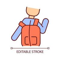 Incorrect use RGB color icon. Scoliosis causing condition. Backpack wearing wrong way. Backbone deformation development. Isolated vector illustration. Simple filled line drawing. Editable stroke