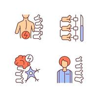 conjunto de iconos de color rgb para trastornos de la columna vertebral. escoliosis. discapacidad neuromuscular. médico ortopedista y cirujano. ilustraciones vectoriales aisladas. colección de dibujos de líneas llenas simples. trazo editable
