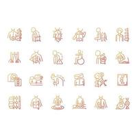 Scoliosis gradient linear vector icons set. Scoliosis stages and types. Physical disabilities. Spinal bones deformation. Thin line contour symbols bundle. Isolated outline illustrations collection