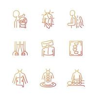 Scoliosis diagnostics gradient linear vector icons set. Spinal bones problems. Medical examination. Correction methods. Thin line contour symbols bundle. Isolated outline illustrations collection