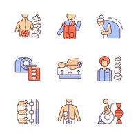 Scoliosis causes RGB color icons set. Spine disorders and diseases. Spinal column surgical correction. Isolated vector illustrations. Simple filled line drawings collection. Editable stroke