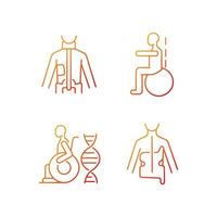 Scoliosis prevention methods gradient linear vector icons set. Spinal curvature correction. Exercises for spine health. Thin line contour symbols bundle. Isolated outline illustrations collection