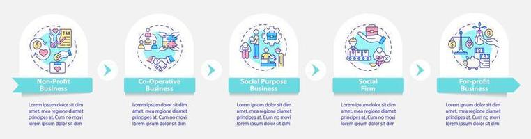 tipos de plantillas infográficas vectoriales de emprendimientos sociales. elementos de diseño de esquema de presentación. visualización de datos con 5 pasos. gráfico de información de la línea de tiempo del proceso. diseño de flujo de trabajo con iconos de línea vector