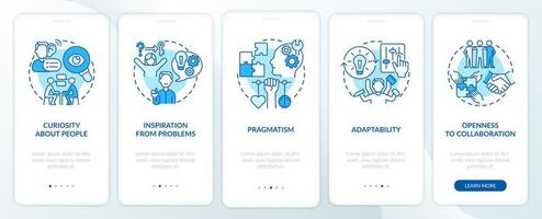 Characteristics of social entrepreneurship blue onboarding mobile app page screen. Walkthrough 5 steps graphic instructions with concepts. UI, UX, GUI vector template with linear color illustrations