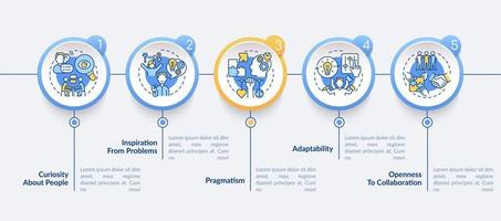 Plantilla de infografía vectorial de características de emprendimiento social. elementos de diseño de esquema de presentación. visualización de datos con 5 pasos. gráfico de información de la línea de tiempo del proceso. diseño de flujo de trabajo con iconos de línea vector