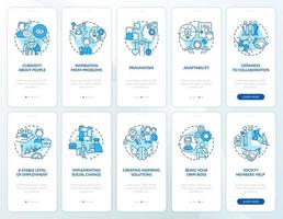 Social business blue onboarding mobile app page screen set. Benefits and features walkthrough 5 steps graphic instructions with concepts. UI, UX, GUI vector template with linear color illustrations