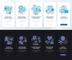 Attracting top clients dark, light onboarding mobile app page screen. Walkthrough 5 steps graphic instructions with concepts. UI, UX, GUI vector template with linear night and day mode illustrations