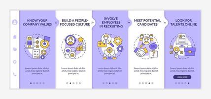 Attracting top talents onboarding vector template. Recruiting process. Responsive mobile website with icons. Web page walkthrough 5 step screens. Job hunting color concept with linear illustrations