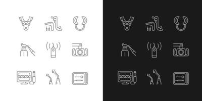 Dental check up linear icons set for dark and light mode. Medical devices. Impression tray. Implant maintenance. Customizable thin line symbols. Isolated vector outline illustrations. Editable stroke