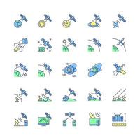 Satellites types green, blue RGB color icons set. Celestial bodies observation, exploration system. Telecommunications network. Isolated vector illustrations. Simple filled line drawings collection