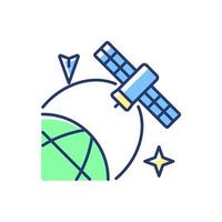 Satellite location in space blue, green RGB color icon. Artifial satelite status, condition information. Thin line customizable illustration. Isolated vector illustration. Simple filled line drawing