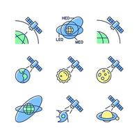 funciones de satélites conjunto de iconos de color verde, azul rgb. órbitas de los satélites. conexión de red global de telecomunicaciones, señal. ilustraciones vectoriales aisladas. colección de dibujos de líneas rellenas simples vector