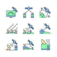 Artificial satellites green, blue RGB color icons set. Satellite tracking, navigation, positioning system. Satelites types. Isolated vector illustrations. Simple filled line drawings collection