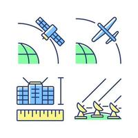 Satellite technologies green, blue RGB color icons set. Ground Satellite system. Geostationary, drone, nano satelites. Isolated vector illustrations. Simple filled line drawings collection