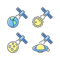 Celestial bodies observation blue RGB color icons set. Heliophysics science investigations. Planet exploration. Isolated vector illustrations. Simple filled line drawings collection